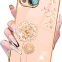 Petitian iPhone 14 Plus Case, Cute Women Girls Bling Glitter Dandelion Designed Phone Case, Girly Gold Plating Phone Cover with Camera Protection (Sparkle Dandelion-Pink)