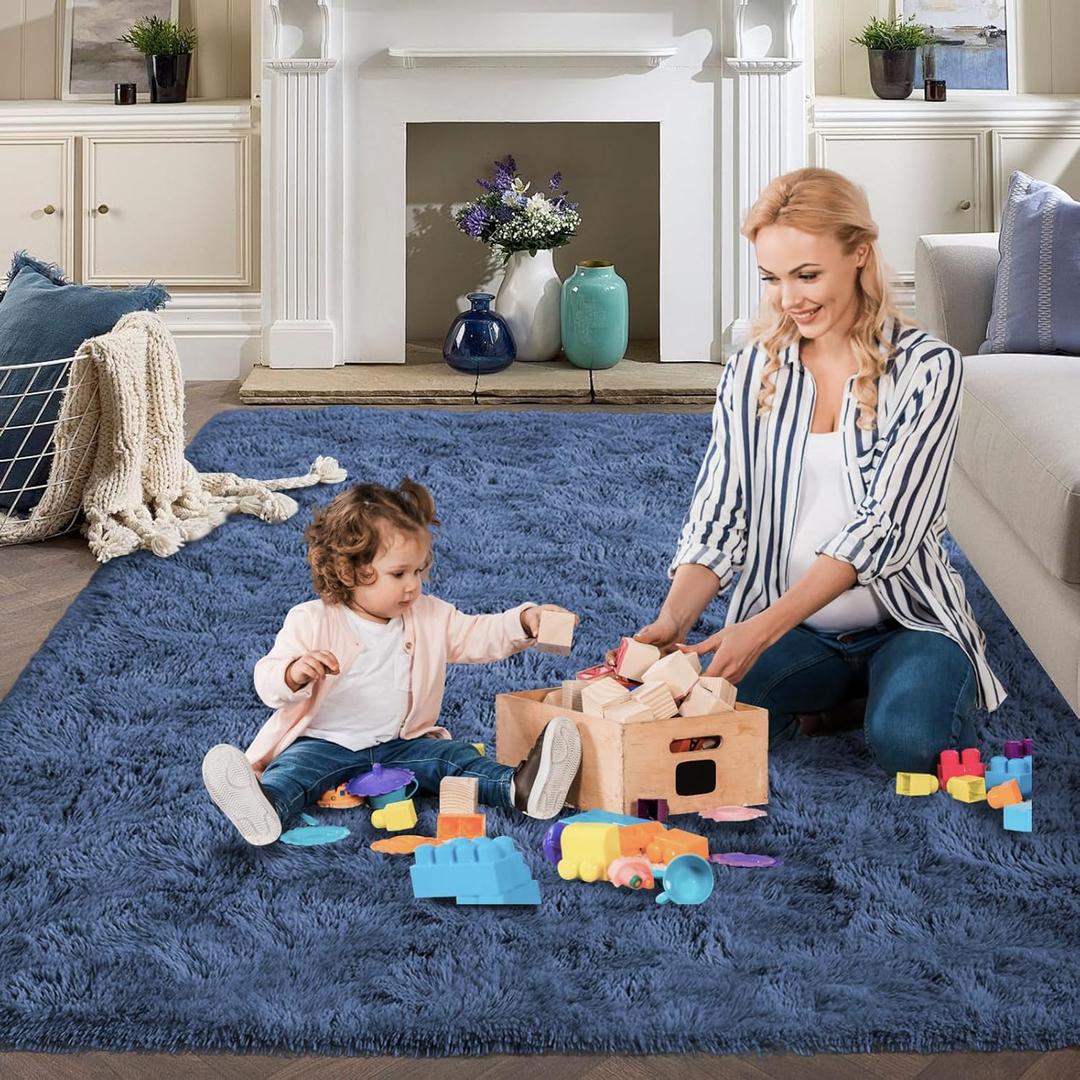 FinRec Dark Blue Rug for Bedroom Living Room, 3x5 Feet High Pile Plush Area Rug, Non-Slip Soft Fluffy Carpet for Nursery Kids Room Dorm Room Home Decor, Indoor Fuzzy Floor Rugs