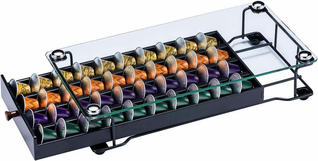 ZCDCP Coffee Pod Holder, Black Nespresso Original Pod Holder, Coffee Capsule Storage Drawer with Crystal Tempered Glass Top, 40 Pods