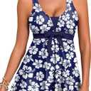 Aleumdr Women Printed Two Piece Tankini Swimsuits Tummy Control Swim Dress High Waisted Boyshort with Pockets (X-Large, Blue Flower)