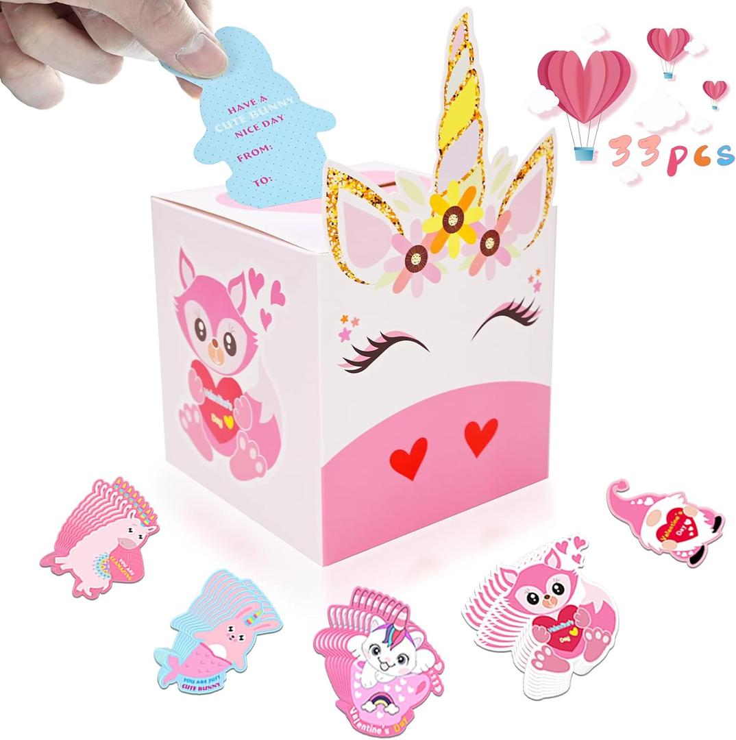 3 x Valentine Boxes 33 Pieces Unicorn Valentines Day Cards and Valentine Mailbox for Classroom Exchange Party Supplies (1 Unicorn Mailbox, 32 Valentine Cards, 1 Teacher Card) (Style B)