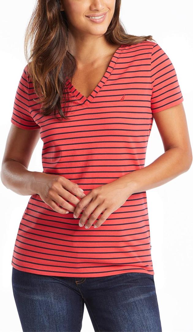 Nautica Womens Easy Comfort V-Neck Striped Supersoft Stretch Cotton T-Shirt (XX-Large, Rose Coral)