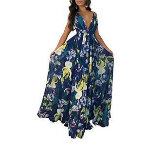 Remelon Womens Sexy Spaghetti Strap Deep V Neck Floral Boho Criss Cross Backless Chiffon Beach Party Long Maxi Dress, 2XL