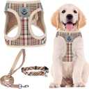 PUPTECK Adjustable Dog Harness Collar and Leash Set Step in No Pull Pet Harness for Small Medium Dogs Puppy and Cats Outdoor Walking Running, Soft Mesh Padded Reflective Vest Harnesses, Khaki M (M (CHEST 16"-18"))