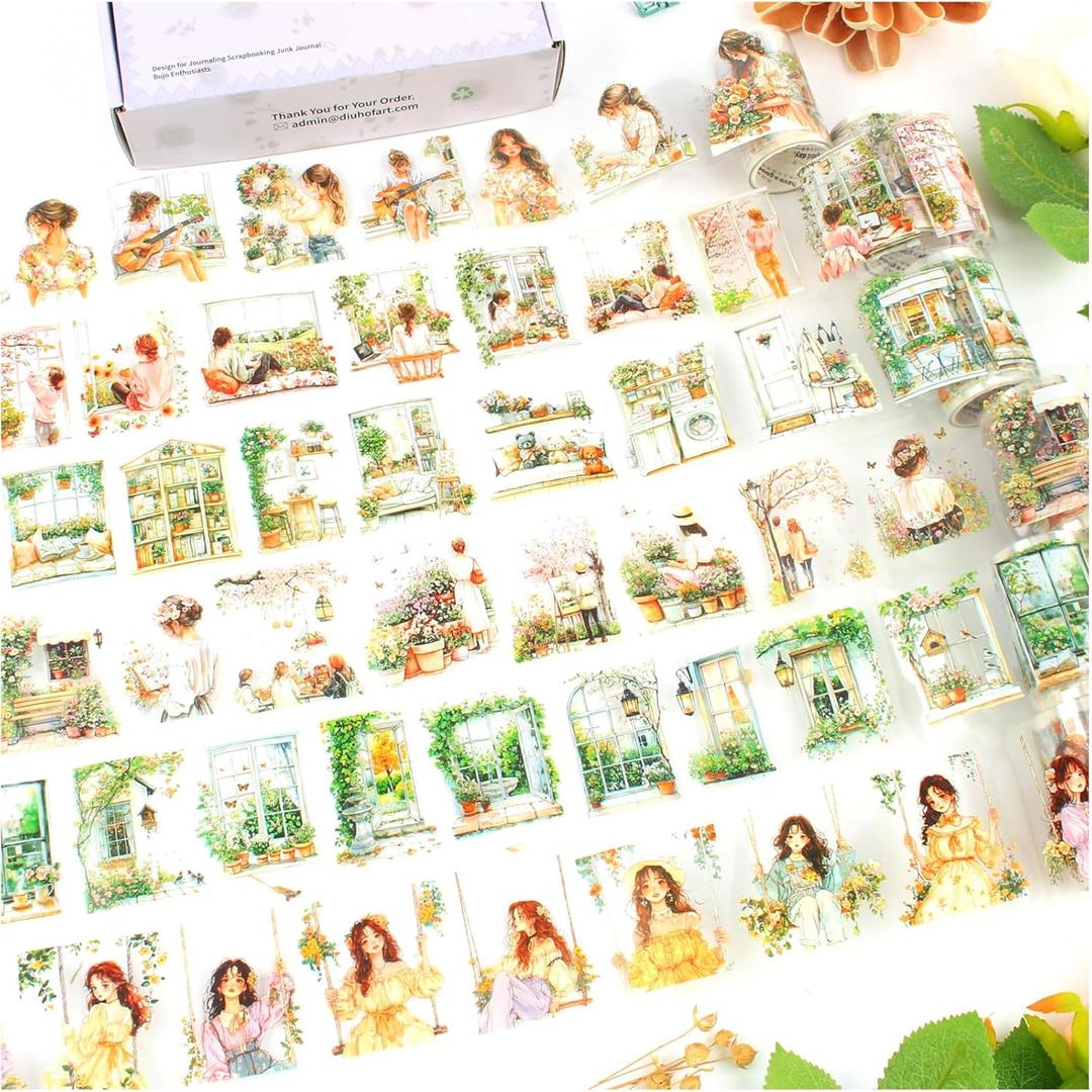 Transparent PET Window Garden Plant Flower Stickers Tape for Journaling, 6 Rolls Assorted Spring Themes Decorative Tape Set for Scrapbooking, Junk Journal Supplies, Bujo, DIY Arts Crafts