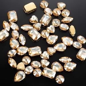 48PCSChampagne Crystal Sew On Rhinestones with Gold Prongs, Assorted 6 Large Shapes No Tiny Pieces, Sewing Gems for Costume Bags Shoes Jewelry Making
