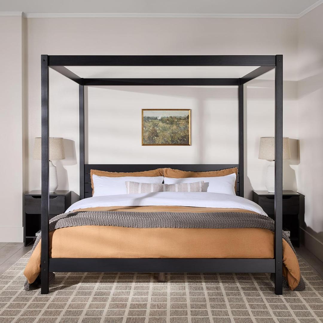 Walker Edison King Minimalist Slatted Headboard Canopy Bedframe, King Size, Black