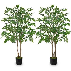 2 Pc Artificial Ficus Tree 4ft Silk Fake Ficus Leaves Plant 120cm Potted Faux Ficus Tree with Decorative Moss Dual Trunks Indoor Outdoor Faux Green Tree for Home Garden Office House Livingroom Dcor