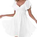 Florboom Women's Sweetheart Knot Front Dress Flutter Sleeve Tie Back A-Line Chiffon Mini Dresses (White, L)