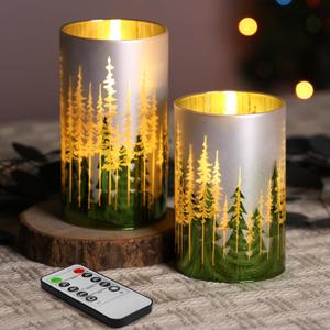 Eywamage Green Christmas Tree Glass Flameless Candles with Remote, Flickering Battery Operated LED Pillar Candles Set of 2, Christmas Tree