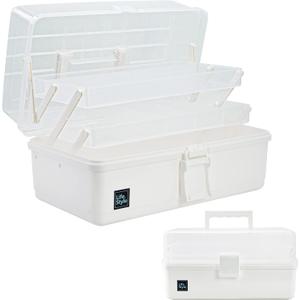 Creahaus 13 inch Art Craft Organizer Storage Box with 3 Layer, Multipurpose Plastic Tool Box with Handle for Sewing, Art Supply, Medicine, Nail, Hair Accessories (White)