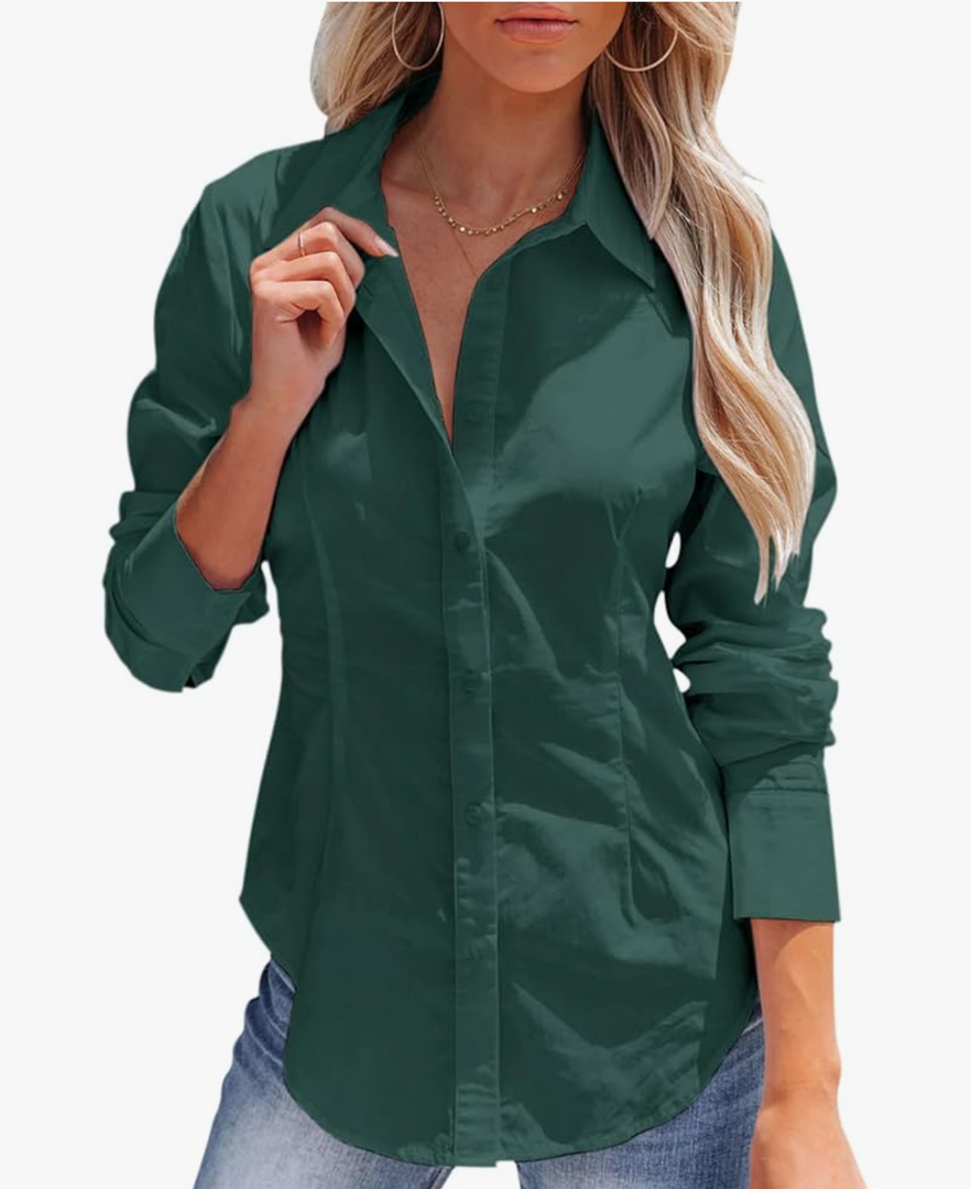 siliteelon Women's Button Down Shirts Long Sleeve Dress Shirts Wrinkle Free Collared Work Office Solid Blouses Corset Tops, XL
