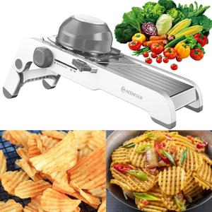 24-In-1 Mandoline Slicer for Kitchen with Waffle Fry Cutter Blade, Adjustable Kitchen Mandoline Slicer, Food Chopper, Safe Mandoline Food Slicer, Mandolin with Waffle Fry Cutter-Grey