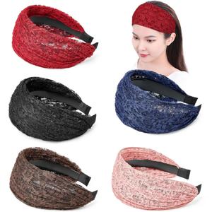 DORIS&JACKY Fashion 2.5 Inch Wide Lace Headbands Elastic Hairbands With Teeth Headwear Accessories For Women And Girls (Wide Lace-5PCS)
