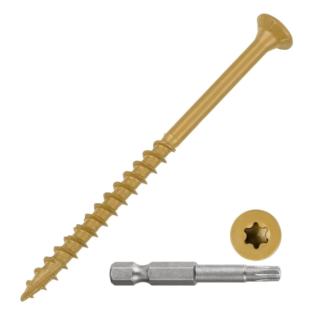 METALLIXITY Deck Screws (#9x3) 100Pcs, Carbon Steel Wood Screw Decking Screws Epoxy Coated with T25 Torx Drive Head - for Wood Fence, Table, Tan