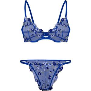 Lilosy Sexy Floral Embroidered Mesh Sheer Underwire Lingerie Set (Medium, Flower Royal Blue)