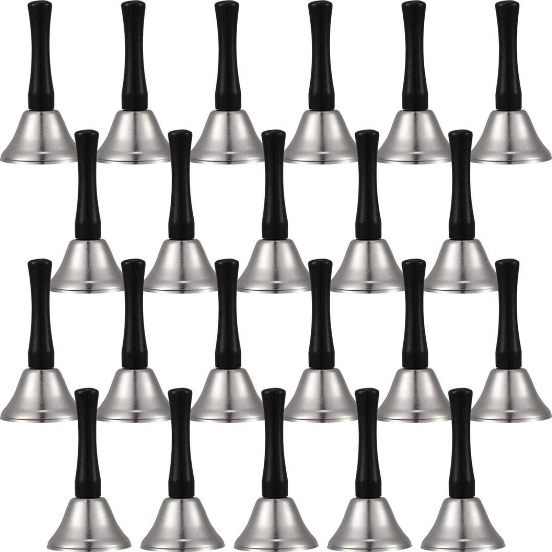 24 Pieces Hand Bells Steel Service Handbells Black Wooden Handle Diatonic Metal Bells Musical Percussion (Silver) (Nickel White)