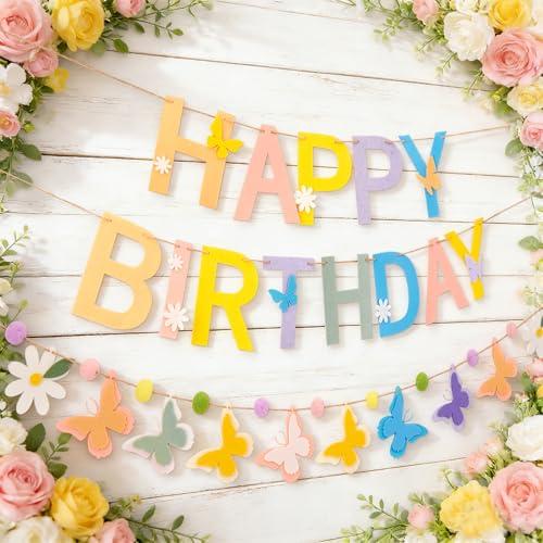 OBBOLO Felt Happy Birthday Banner, Butterfly Birthday Banners, Felt Party Banners, with Handmade Butterfly Garland, Pre-Strung Birthday Decorations for Girls Women Flower Spring Garden Party