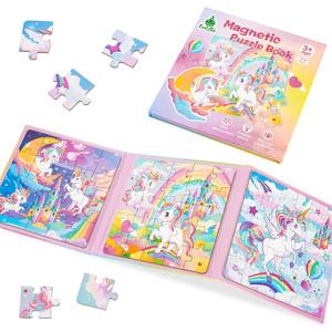 Unicorn Magnetic Puzzle for Kids 3-5, 75 pcs Magnetic Travel Puzzles Games for Toddlers Ages 3-8 Car Plane Road Trip Activities 3 in 1 Toys Gift for Girls
