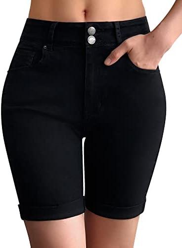 roswear Women's Mid Rise Skinny Butt Lifting Stretchy Bermuda Jeans Shorts, M, Black