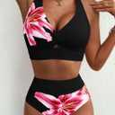 Herseas Women's 2 Piece Bikini Sets Twist Front Top Lily Print Swimsuits High Waisted Bathing Suit Beach Summer Swimwear (Black, M)