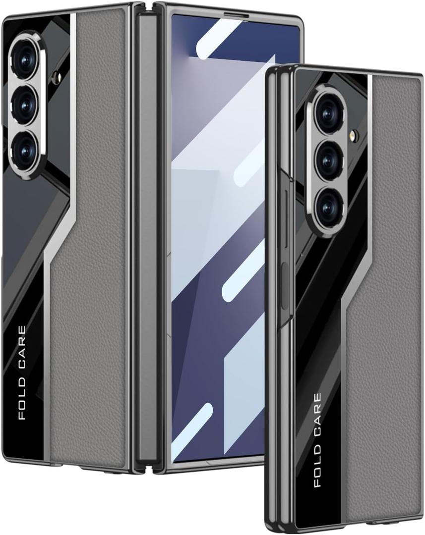 Lunivop Compatible with Samsung Galaxy Z Fold 7 Case PU Leather Back Cover TPU Slim Silicone Plating Frame with Built-in Screen Protector Shockproof Phone Cases for Z Fold 7 (Gray)