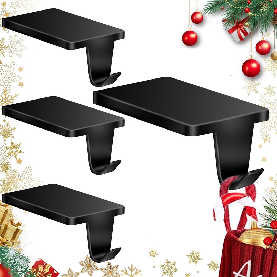 Loncaster Christmas Stocking Holders for Mantle, Set of 4 Heavy Duty Stocking Holders for Mantle, Xmas Weighted Hangers for Party Decor, Space-Saving Decoration for Fireplace Toppers (Black, 4 Pack)