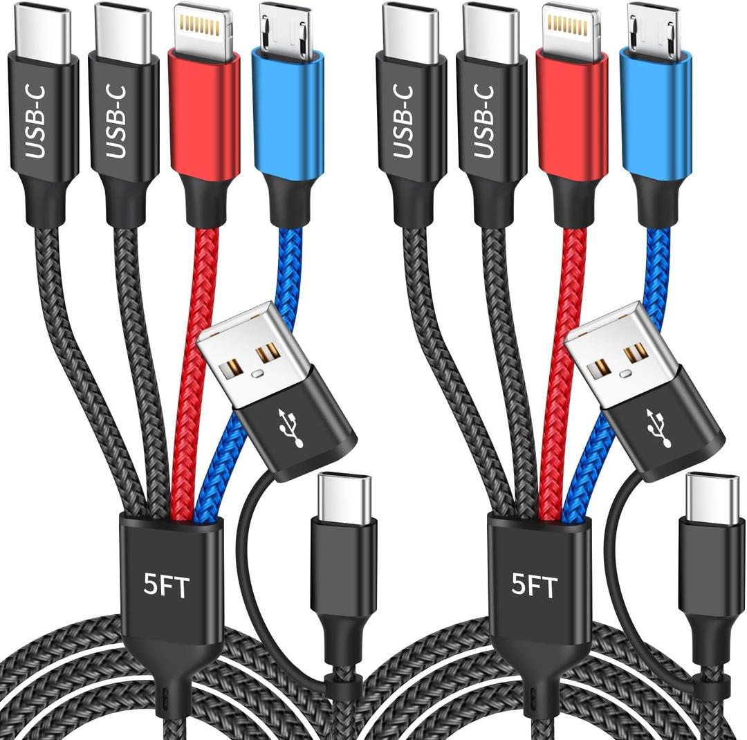 Dual Type-C Ports 4 in 2 Multi Charging Cable, Travel Cruise Essentials USBA/C Charging Cords for Multiple Devices, Phone Charger Cord for iPhone17-12/Androids/Pad and More, Car Charger(2Pcs, 5FT)