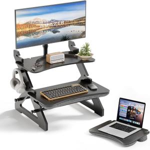 Amazer Standing Desk Converter, 22 inch Bamboo Small Sit Stand Up Desk Riser with Lap Desk Computer Desktop Desk Converter for Monitor and Laptop with Keyboard Tray, Black