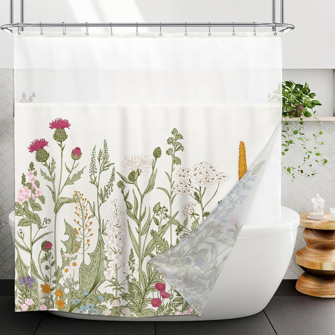 Riyidecor Shower Curtain with Snap in Liner Set for Bathroom Decor 72Wx72H Sage Green Rustic Floral Plant Herb Wildflower Leave Spring Art Printed Fabric Polyester Waterproof 12 Pack Metal Hooks