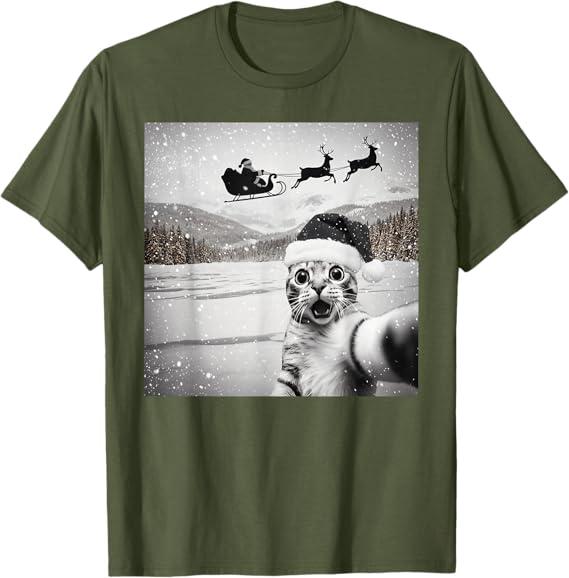 Cat Selfie with Santa,Funny Christmas for Men, Women, Kids T-Shirt, S Size