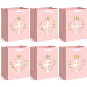 Humyoun 6 Pcs Pink Baptism Christian Religious Gift Bags with Cross Design Bulk 10.6 x8.2 x5.5 First Communion Baptism Confirmation Gift Bag for Baby Wedding Easter Clergy Day