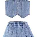 MakeMeChic Girl's Y2K Two Piece Cute Outfits Denim Jeans Sleeveless Button Down Vest and Pleated Mini Skirt Set 8-12 Years