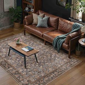 HUGEAR 4x6 Machine Washable Rugs Tradition Brown Hallway Area Rug Indoor Accent Rug Floral Low Pile Carpet Soft Throw Rug Bedroom Living Room Office Dining Room Kitchen Laundry Room Non Slip