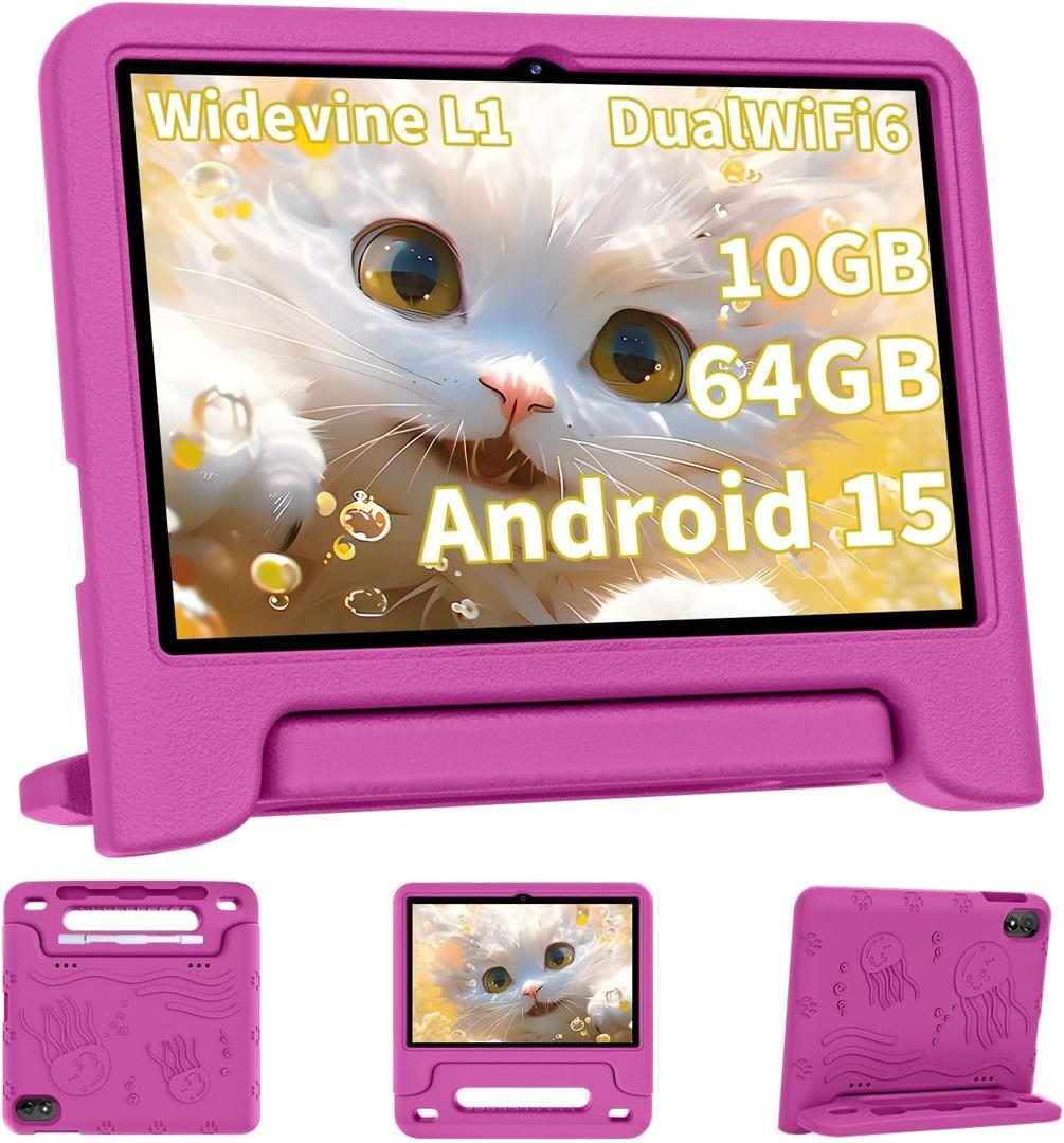 2026 Upgraded Android 15 Tablet, 10inch Kids Tablet, Octa-core CPU, 10GB+64GB+1TB Expand Tablets for Kids with Kids Space, Parental Control, 6000mAh Big Battery,Touchscreen Tableta,Pink