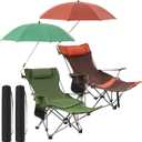 Yuntau 2 Set Reclining Beach Chairs with UPF 50+ Umbrellas, Upgraded Heavy Duty Portable Folding Lounge Camping Chair with Removable Footrest & Headrest for Outdoor Fishing Patio(Orange,Green)