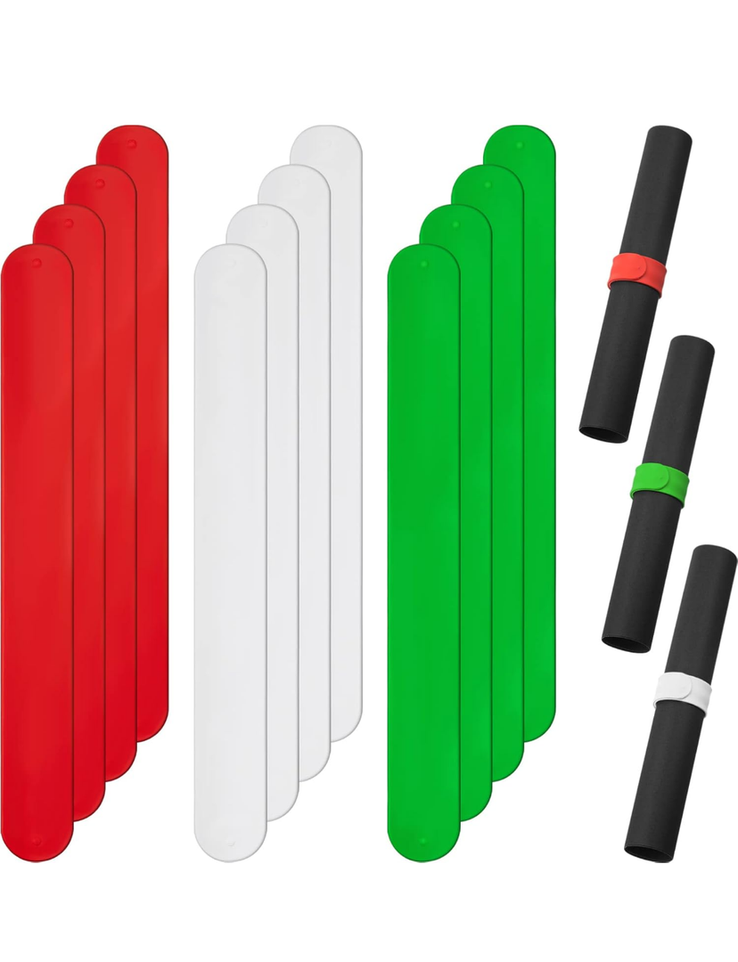 Charniol 12 Pieces Wrapping Paper Roll Holder Holiday Flip Wrap Silicone Covered Metal Strips 1'' x 9'' Stabilizer Slap Band for Christmas Poster Gift Paper Vinyl Storage Organize, White Red Green