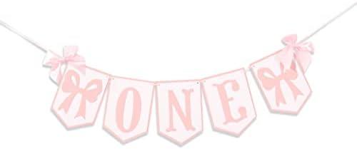 Pink and White Highchair Banner - Bow One Banner, Pink White Party Decor- Girl First Birthday Decor Cake Smash Prop (BOW PINK ONE)