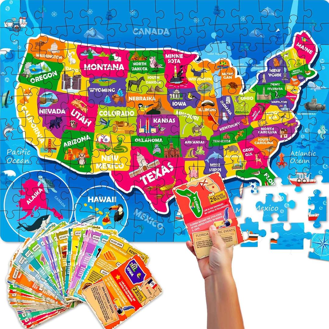 QUOKKA Puzzles for Kids Ages 8-10 - 150 Pcs Jigsaw Puzzles for 6-8 Year Olds - 400+ Facts on 50 Double - Sided Flashcards - Learn USA Education Activity Gift - Shaped Puzzle for Toddlers 4-6
