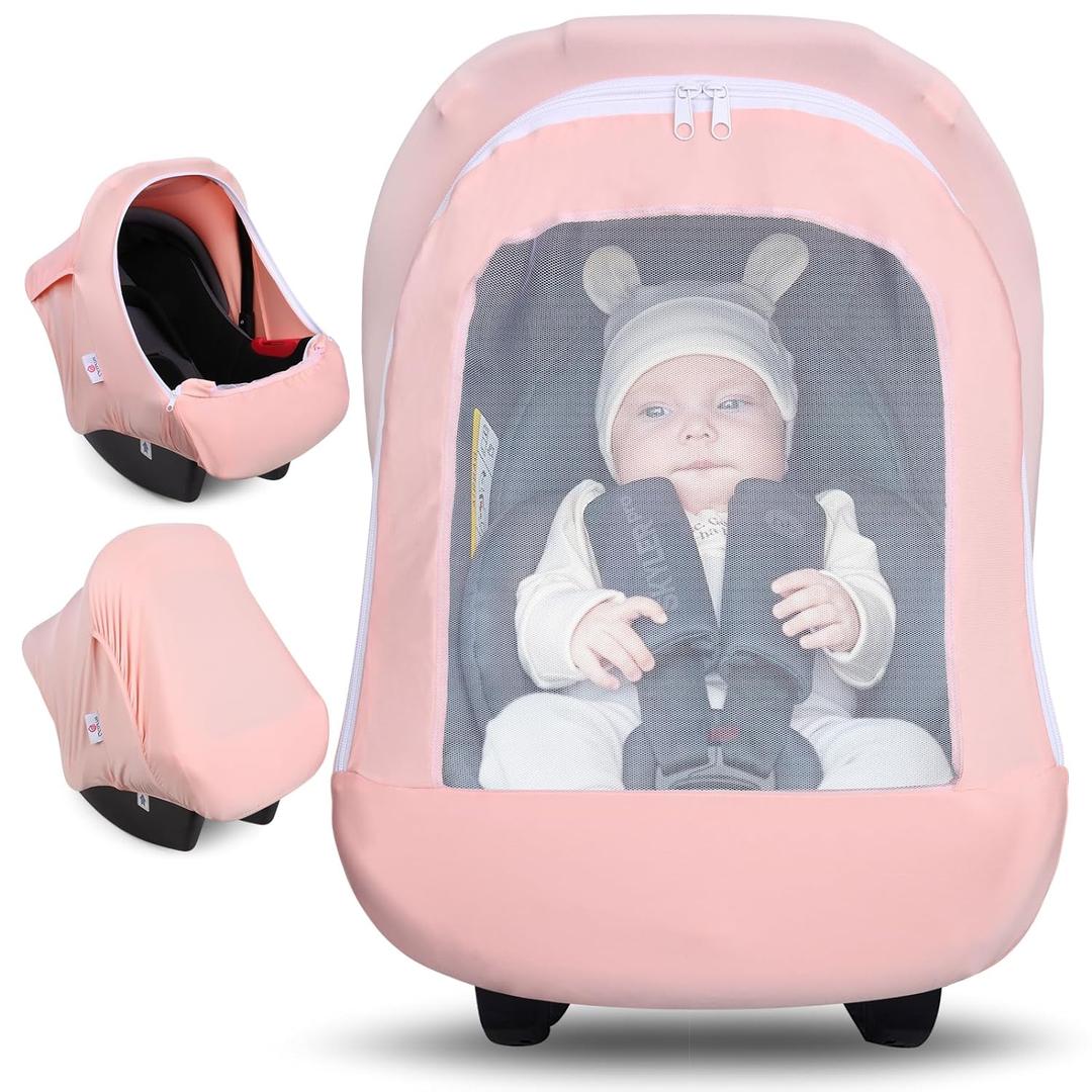 Metplus 2-in-1 Baby Car Seat Cover, Multi Use Cover for Baby Car Seat Canopy with Privacy Sun Shade, Protect Your Baby's Safety Seat with Style, Infant Carrier Covers for Boys & Girls (Pink)