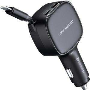 Retractable Car Charger USB C, 84W Max, Ultra-Compact, Type-C Fast Charger with Built-in Retractable USB-C Cable, Car Adapter for iPhone 16/15 Series, MacBook Pro/Air, iPad, AirPods Black