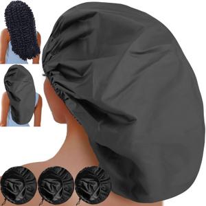 3 Pcs Super Jumbo Adjustable Satin Lined Shower Caps for Long Hair & Braids, Extra Extra Large Shower Cap for Women & Men, XXL Shower Cap with Waterproof Edge for Dreadlocks, Locs (Black) (2X-Large-16.5")