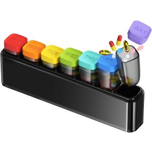 Weekly Pill Organizer 1 Time a Day, HIONXMGA Portable Detachable Travel Pill Box 7 Day, Large Once Daily Pill Holder Case, Color-Coded Dispenser for Vitamin Medicine Supplement Fish Oil, Black