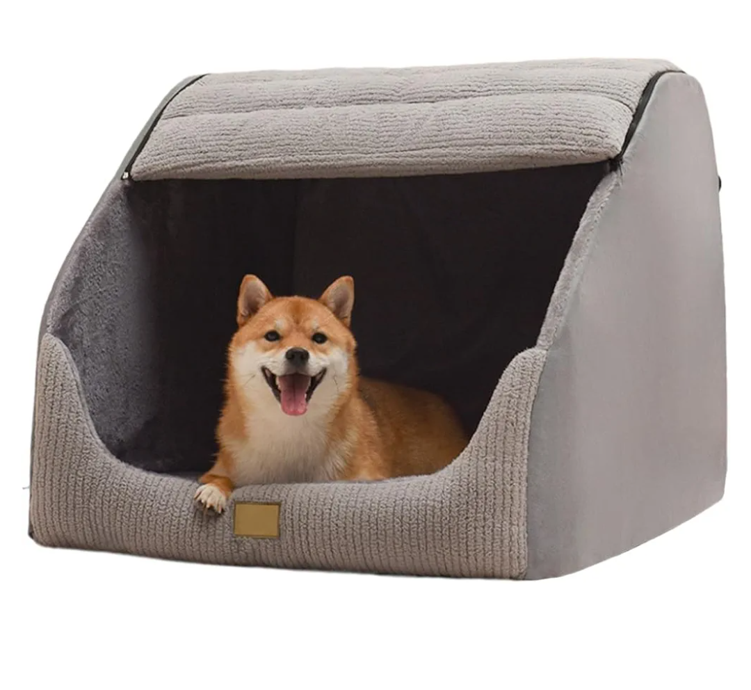 Large Dog House Indoor, Soft Plush Dog Cave Bed Covered Dogs Bed with Fluffy Washable Cushion, Portable Dog/Cat Pet Tent House for Small Medium Dogs (Grey, Large)
