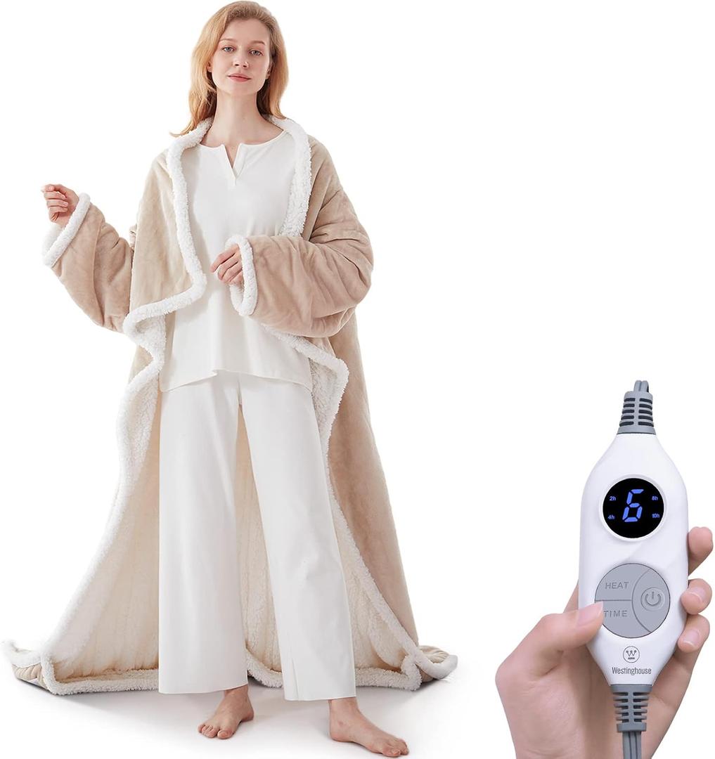 Westinghouse Electric Snuggle Throw Blankets with Foot Pocket, Wearable Heated Throw with Sleeves, 6 Heating Levels & 2 to 10 Hours Heating Time Settings, 50 * 70"+18", Beige