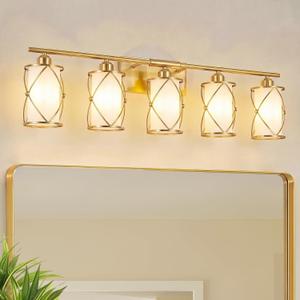 5-Light Brushed Gold Bathroom Light Fixtures Over Mirror, 38" UL-Listed Modern Wall Sconce Lights with Milk White Frosted Glass and Metal Cage for Bath, Hardwire E26, CH9176BGW-5W, 5-Light, 38.5" L
