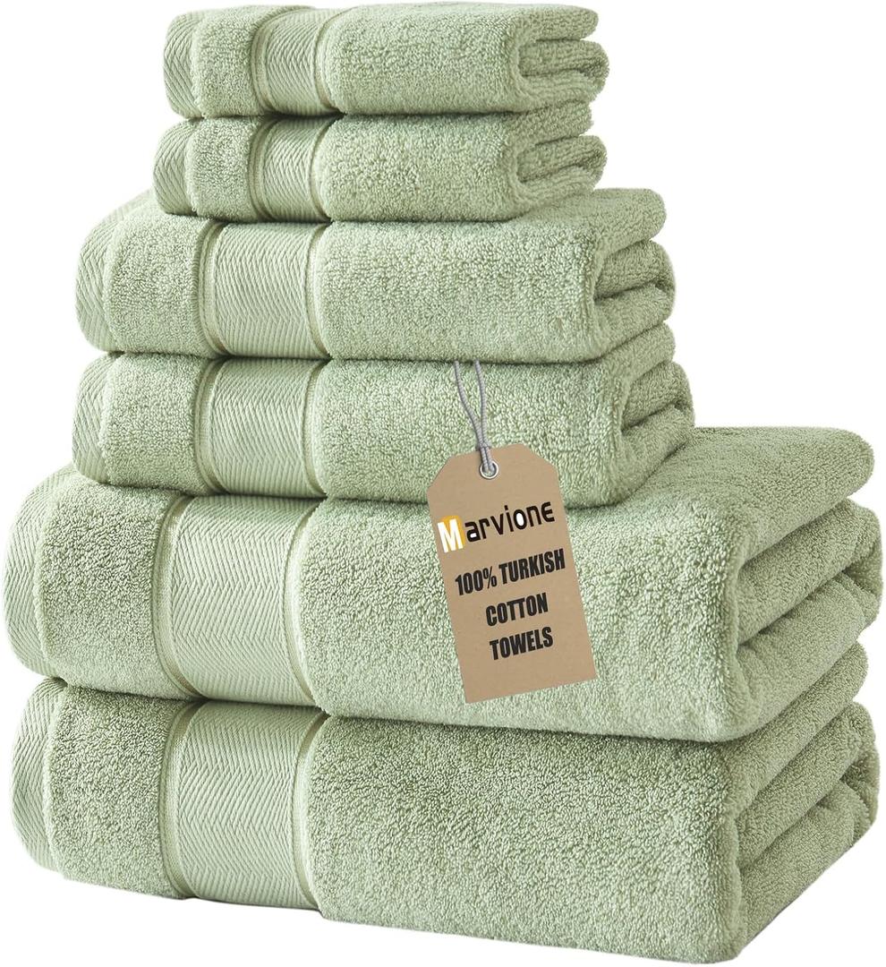 Marvione Bath Towels Set 6 Piece, 100% Turkish Cotton Highly Absorbent and Soft Towels for Bathroom 2 Bath Towels 2 Hand Towels 2 Washcloths, Sage Green