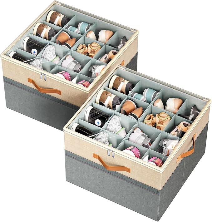 Shoe Organizer for Closet, 2 Pack Foldable Shoe Storage Organizer Box Bin with Adjustable Dividers and Clear Cover, Fits up to 16-32 Pairs（Grey&Beige）