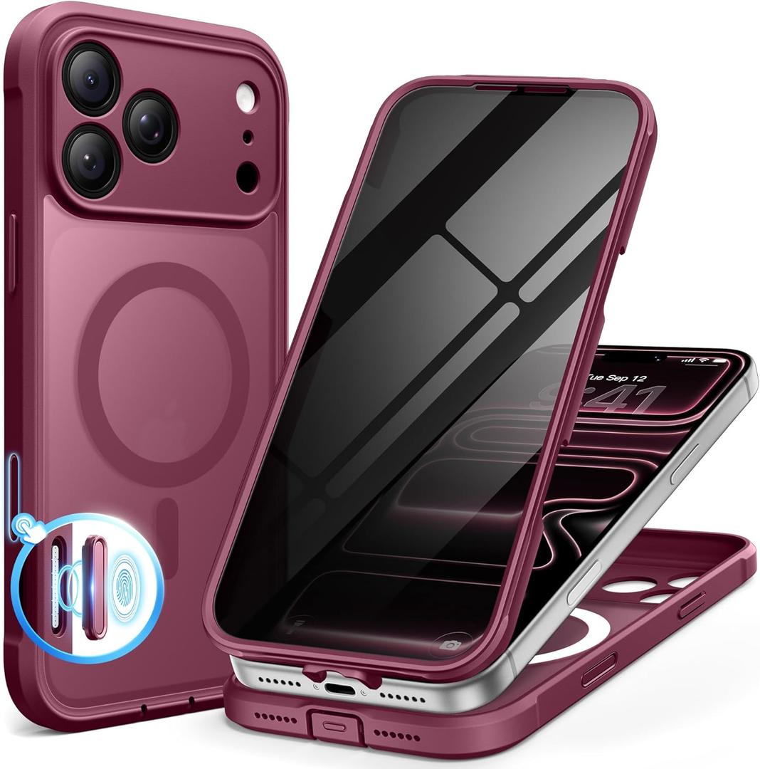 BERFY for iPhone 17 Pro Max Case, Compatible with MagSafe, Built-in Privacy Screen Protector and Camera Protection, Anti-Spy Full Body Shockproof Translucent Matte Phone Case for 17 Pro Max 6.9", Red