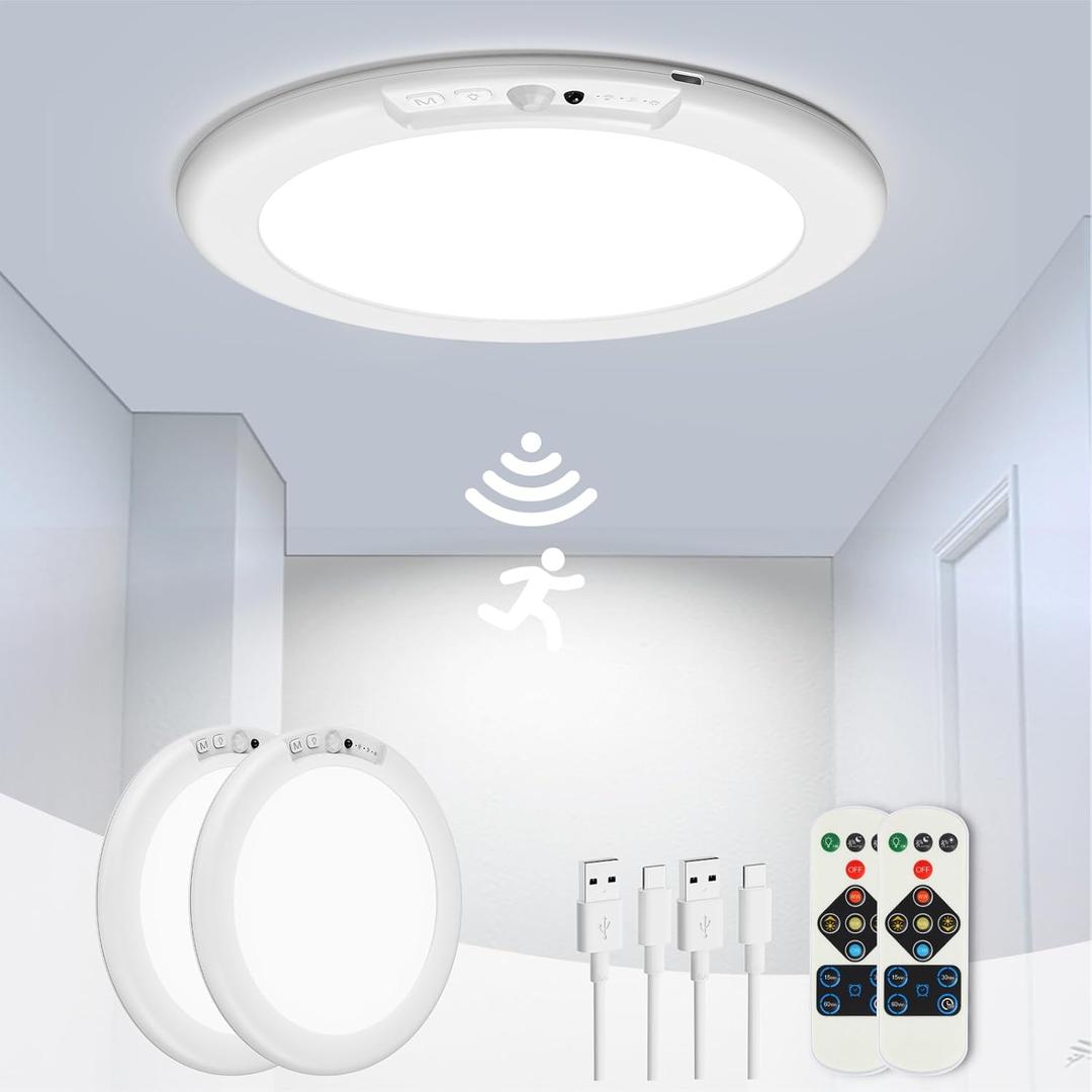2 Pack Rechargeable Motion Sensor Ceiling Light, Wireless Ceiling Lights Battery Operated Closet Light with Remote, 500LM 3000K/4500K/6500K, 0.55 Ultra Thin Lights for Bathroom Hallway Pantry (White)